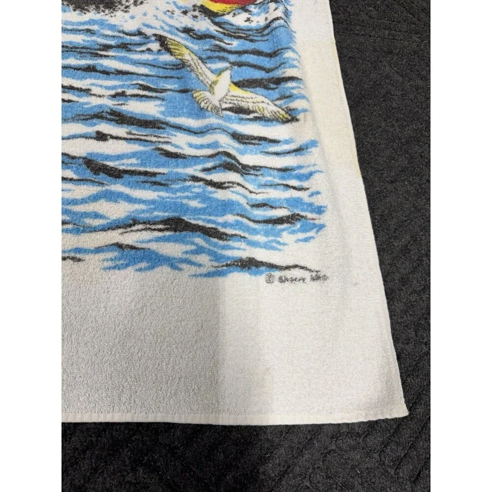 Vintage Sherry MFG Co. FLORIDA Beach Towel Sail Boat Water Bright Color STAINS